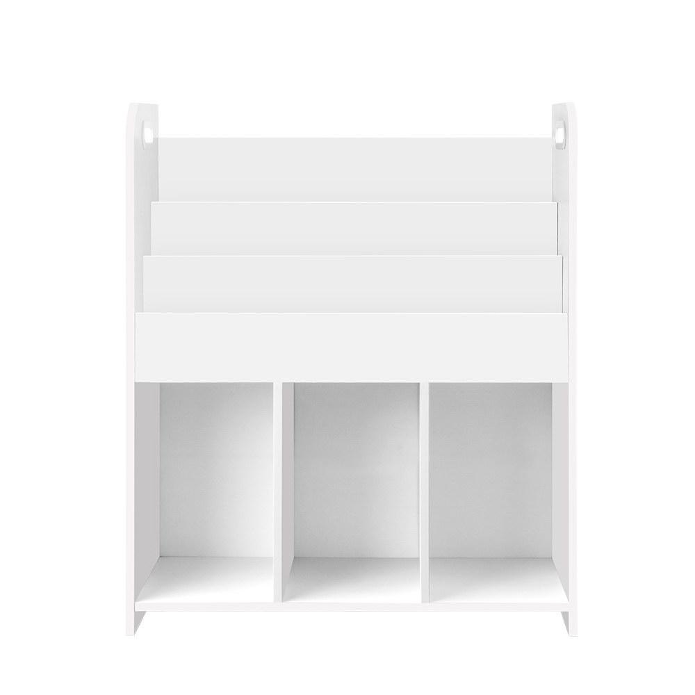 Keezi Kids Bookcase featuring three tiers and open compartments, designed for children's books and toys storage, with rounded corners for safety.